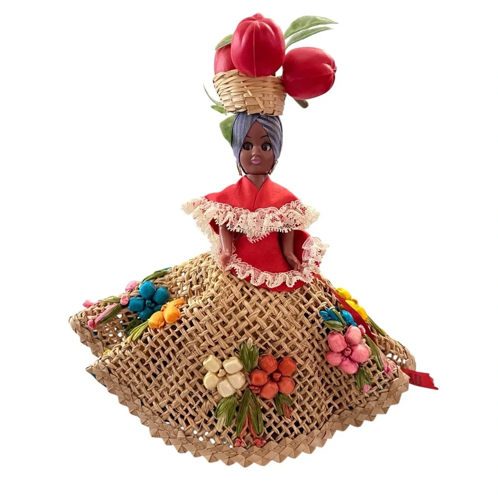 Vintage 50s 60s Nassau Folk Art Straw Doll Centerpiece Fruit Headpiece